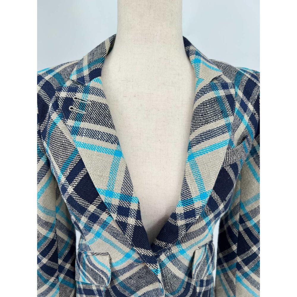 Smythe Plaid Blazer in Navy, Teal & Cream with Leather Elbow Patches - Picture 7 of 15